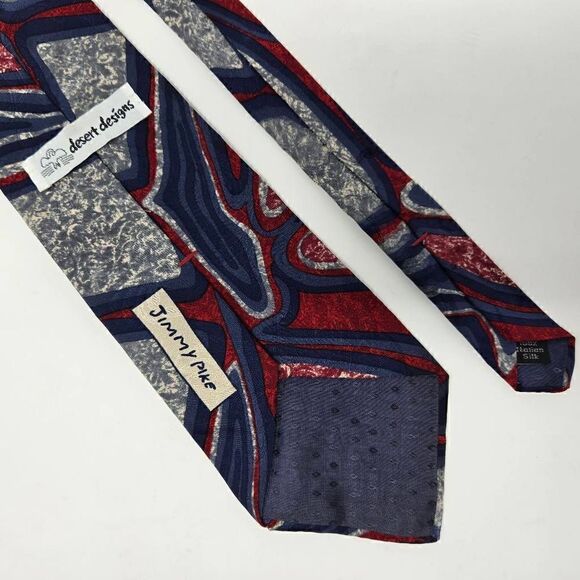 DESERT DESIGNS JIMMY PIKE SILK TIE RED BLUE PAISLEY ABSTRACT SATIN 4" X 59" - Picture 2 of 3